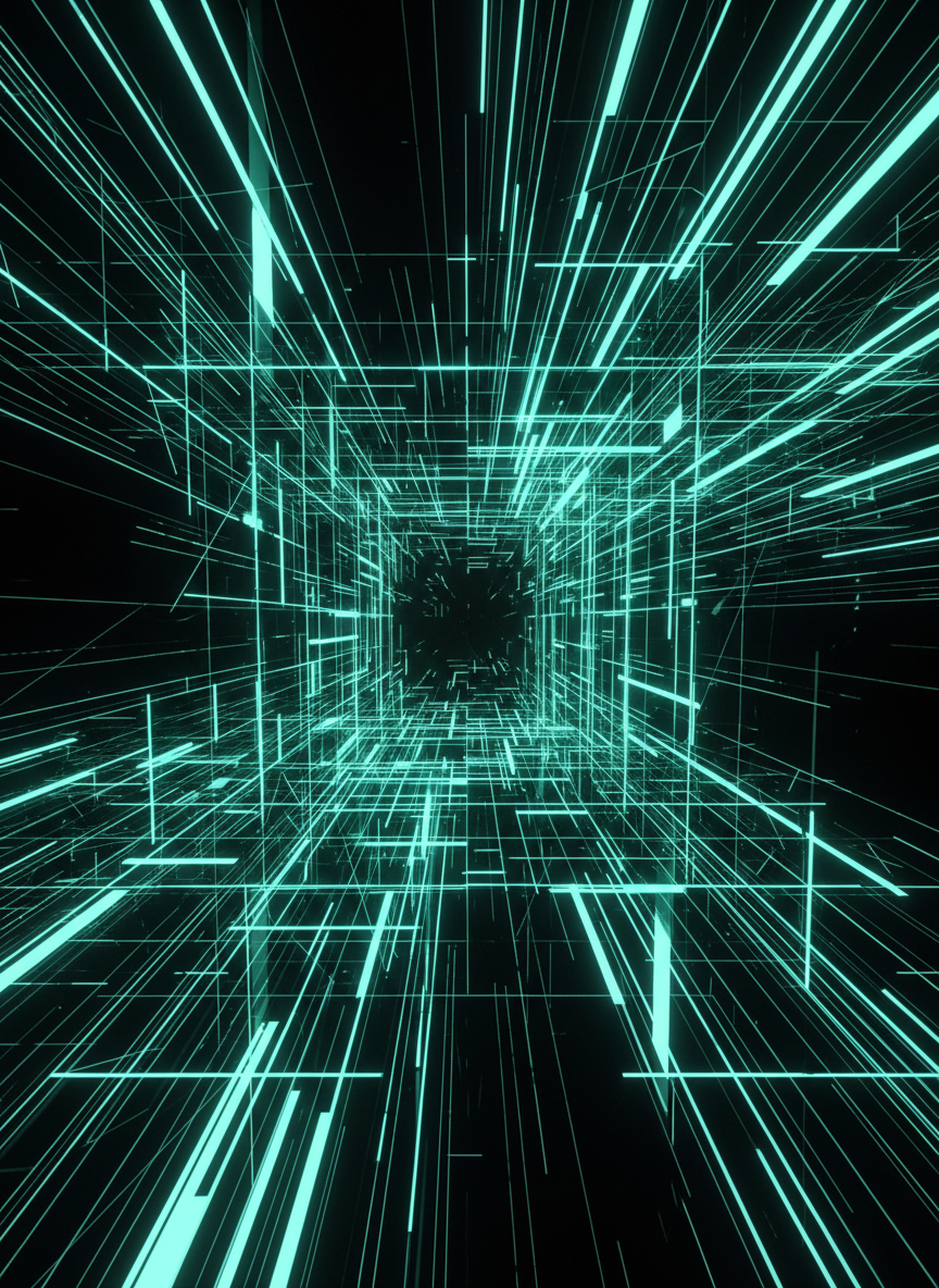 Abstract neon mint and cyan digital grid artwork on black