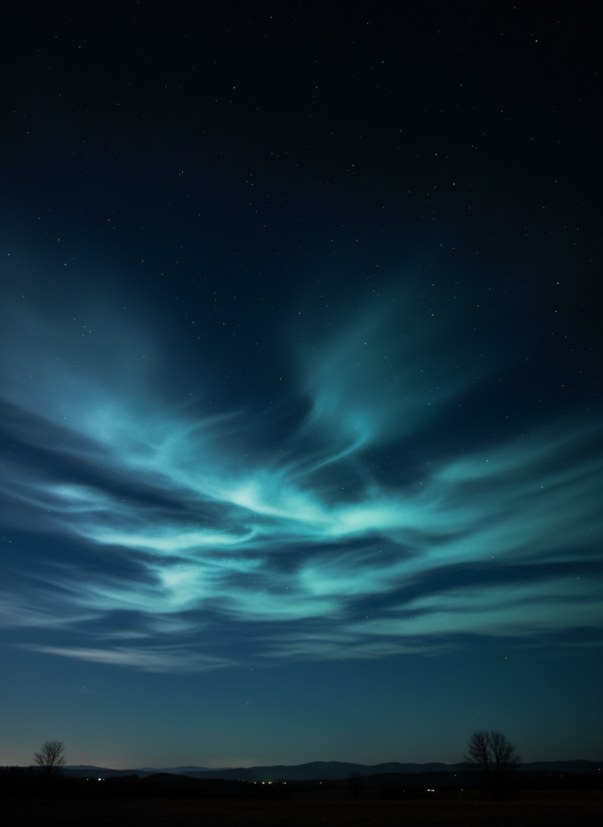Night sky with glowing cyan clouds and scattered stars
