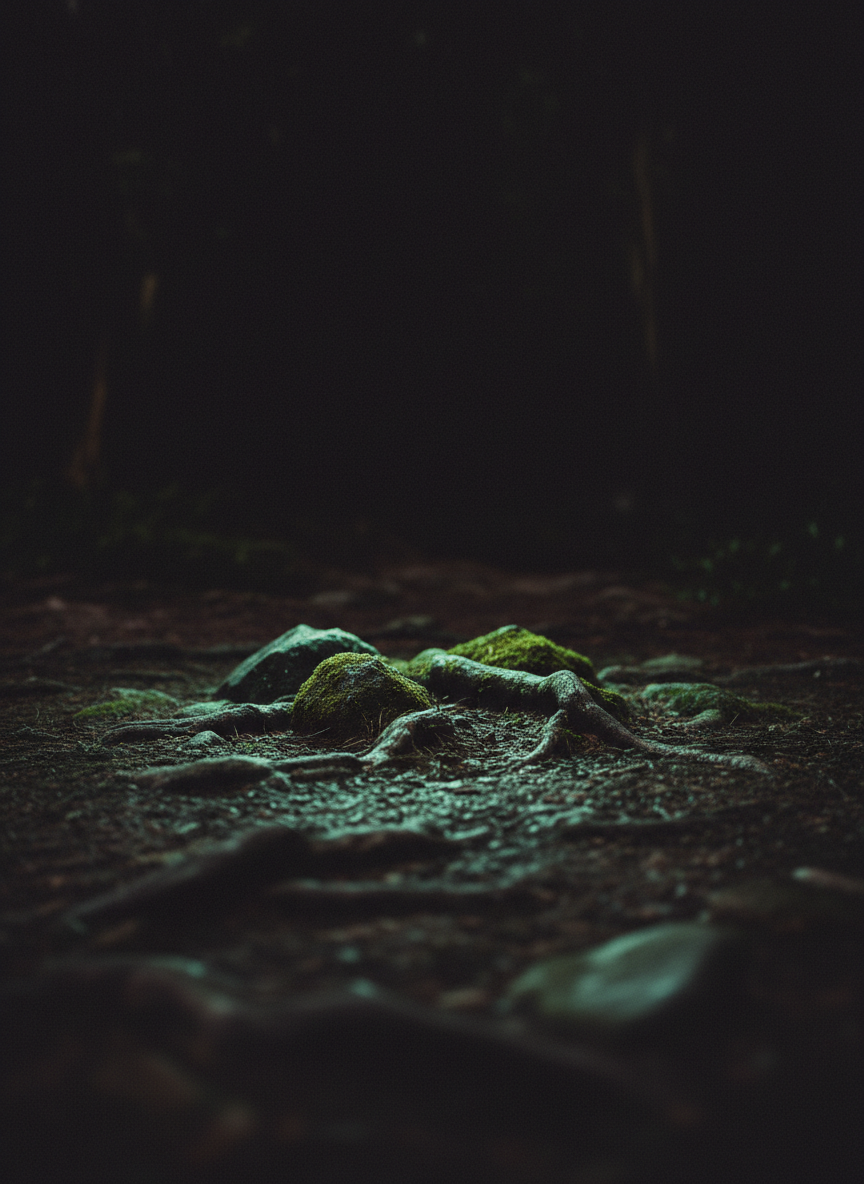 Dark mossy stones and roots lit by a faint mint-green glow at dusk